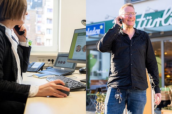 Ein Bild im Split-Screen: Auf der linken Seite telefoniert eine ÜSB-Mitarbeiterin im Büro, auf der rechten Seite telefoniert ein Mann vor einem Biomarkt.