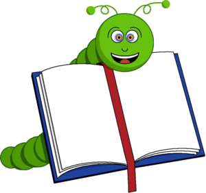Cartoon von einem aufgeschlagenen Buch. Von hinter dem Buch streckt eine grüne, lächelnde Raupe ihren Kopf über das Buch.